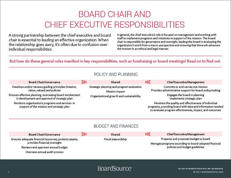 Board Chair and Chief Executive Responsibilities BoardSource